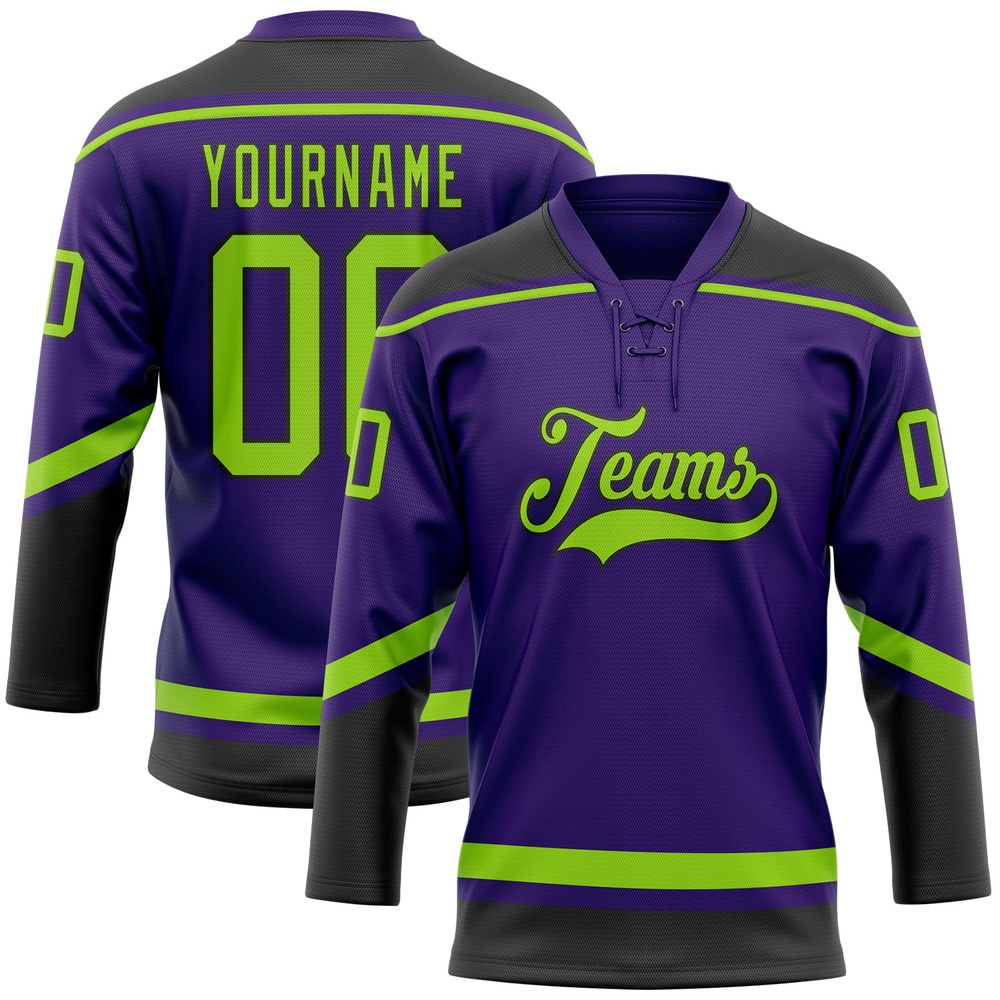 Custom Purple Neon Green Black Hockey Lace Neck Jersey, New Hockey Jersey, Personali Sport Team Jersey Shirt