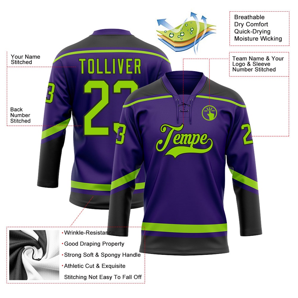 Custom Purple Neon Green Black Hockey Lace Neck Jersey, New Hockey Jersey, Personali Sport Team Jersey Shirt