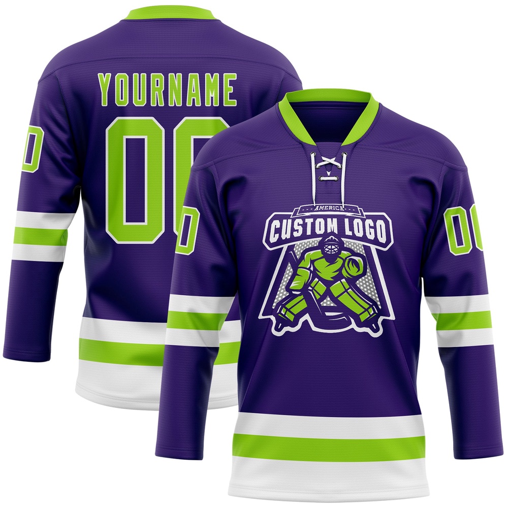 Custom Purple Neon Green White Hockey Lace Neck Jersey, New Hockey Jersey, Personali Sport Team Jersey Shirt