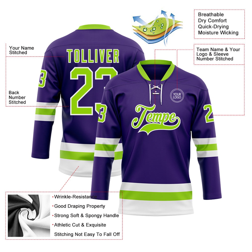 Custom Purple Neon Green White Hockey Lace Neck Jersey, New Hockey Jersey, Personali Sport Team Jersey Shirt