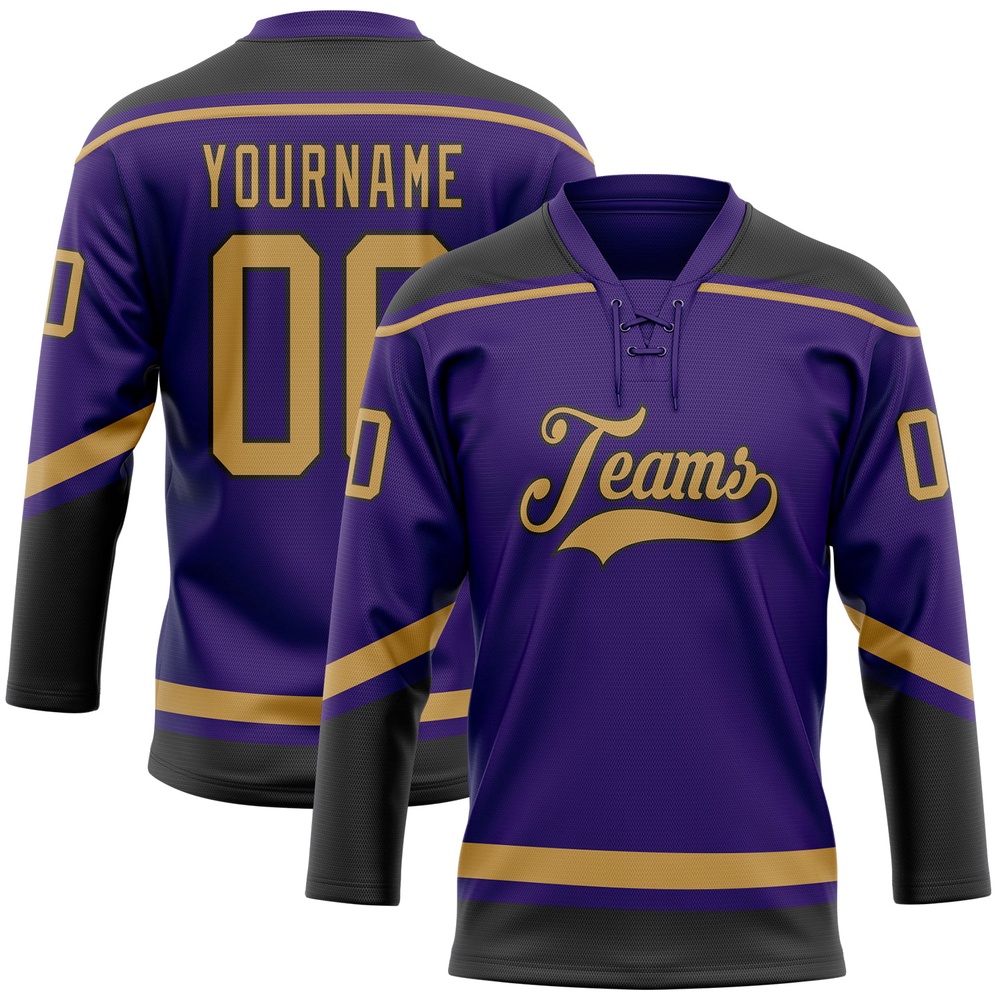 Custom Purple Old Gold Black Hockey Lace Neck Jersey, New Hockey Jersey, Personali Sport Team Jersey Shirt