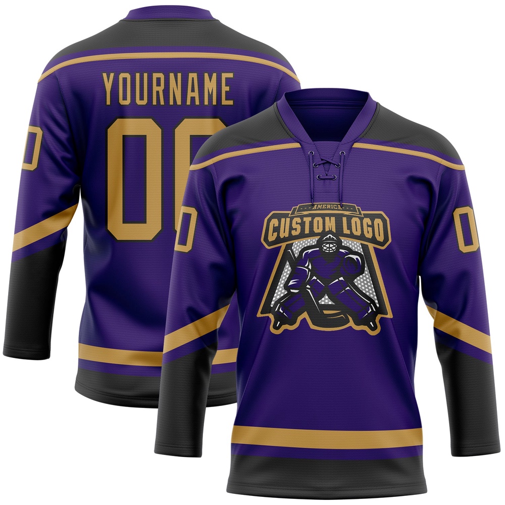 Custom Purple Old Gold Black Hockey Lace Neck Jersey, New Hockey Jersey, Personali Sport Team Jersey Shirt