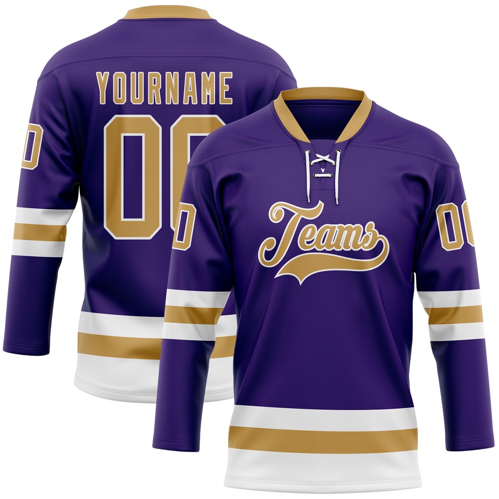 Custom Purple Old Gold White Hockey Lace Neck Jersey, New Hockey Jersey, Personali Sport Team Jersey Shirt