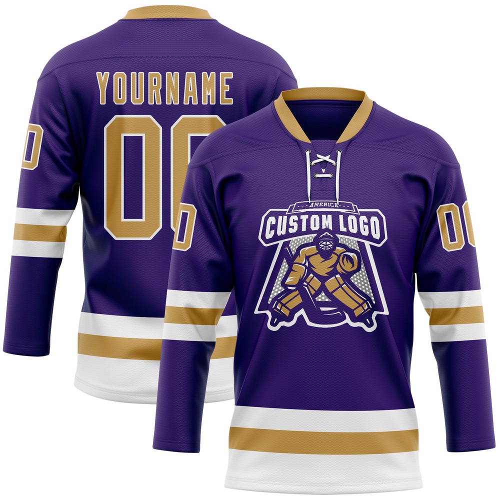 Custom Purple Old Gold White Hockey Lace Neck Jersey, New Hockey Jersey, Personali Sport Team Jersey Shirt