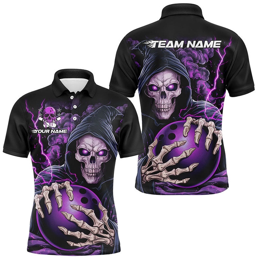 Custom Purple Skull Bowling Polo Shirts For Men, Halloween Bowling Team Shirts, Personalized Bowling Team Shirt Custom Purple Skull Bowling Polo Shirts For Men, Halloween Bowling Team Shirts, Personalized Bowling Team Shirt