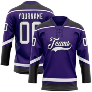 Custom Purple White Black Hockey Lace Neck…