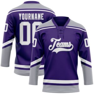Custom Purple White Gray Hockey Lace Neck…