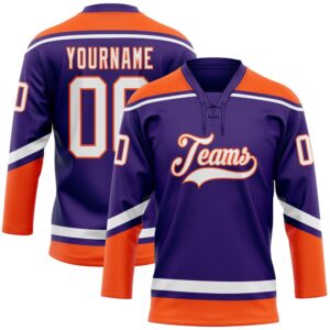 Custom Purple White Orange Hockey Lace Neck…