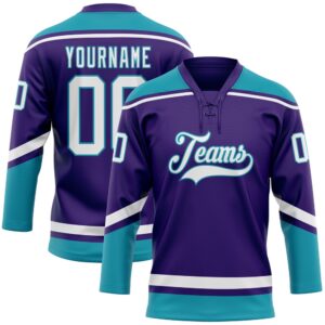 Custom Purple White Teal Hockey Lace Neck…