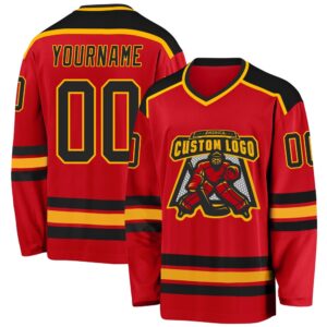 Custom Red Black Gold Hockey Jersey, New…