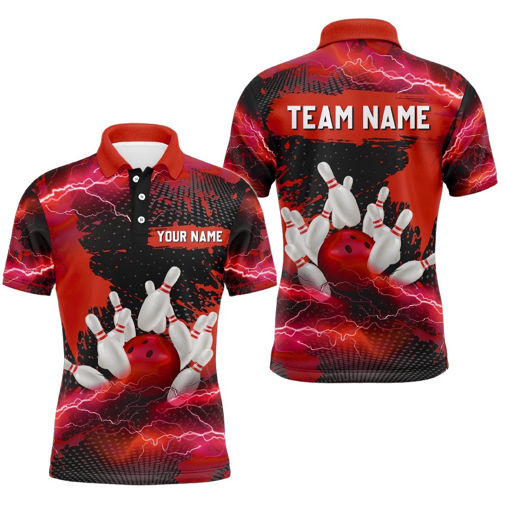 Custom Red Bowling Polo Shirts For Men & Women Lightning Thunder Bowling Team Polo Shirt, Personalized Bowling Team Shirt Custom Red Bowling Polo Shirts For Men & Women Lightning Thunder Bowling Team Polo Shirt, Personalized Bowling Team Shirt