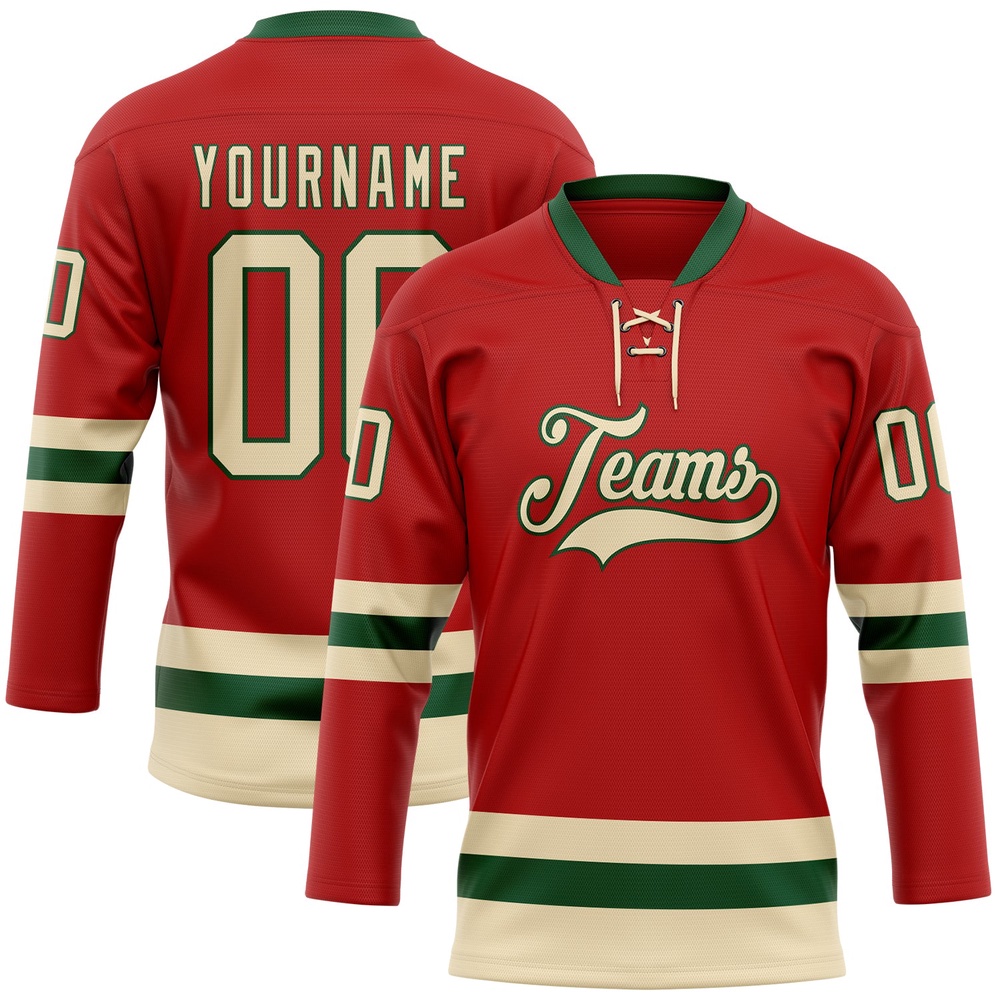 Custom Red Cream Green Hockey Lace Neck Jersey, New Hockey Jersey, Personali Sport Team Jersey Shirt
