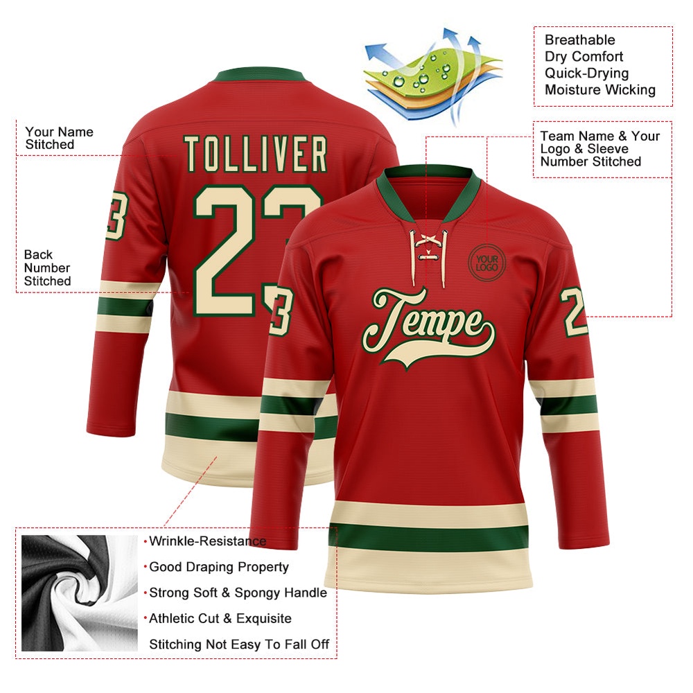 Custom Red Cream Green Hockey Lace Neck Jersey, New Hockey Jersey, Personali Sport Team Jersey Shirt