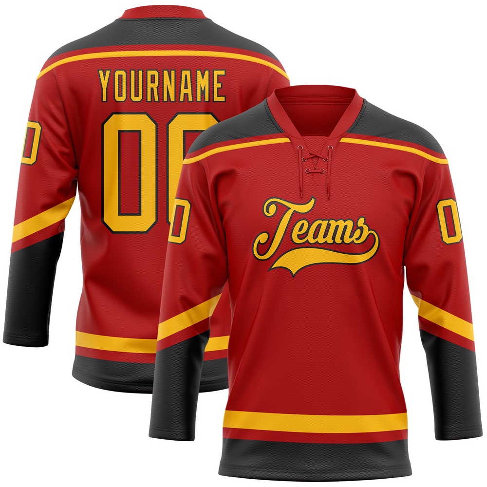 Custom Red Gold Black Hockey Lace Neck Jersey, New Hockey Jersey, Personali Sport Team Jersey Shirt