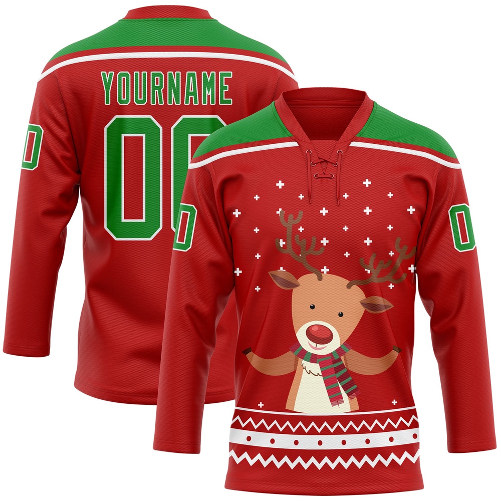 Custom Red Grass Green White Christmas Reindeer 3D Hockey Lace Neck Jersey, New Hockey Jersey, Personali Sport Team Jersey Shirt