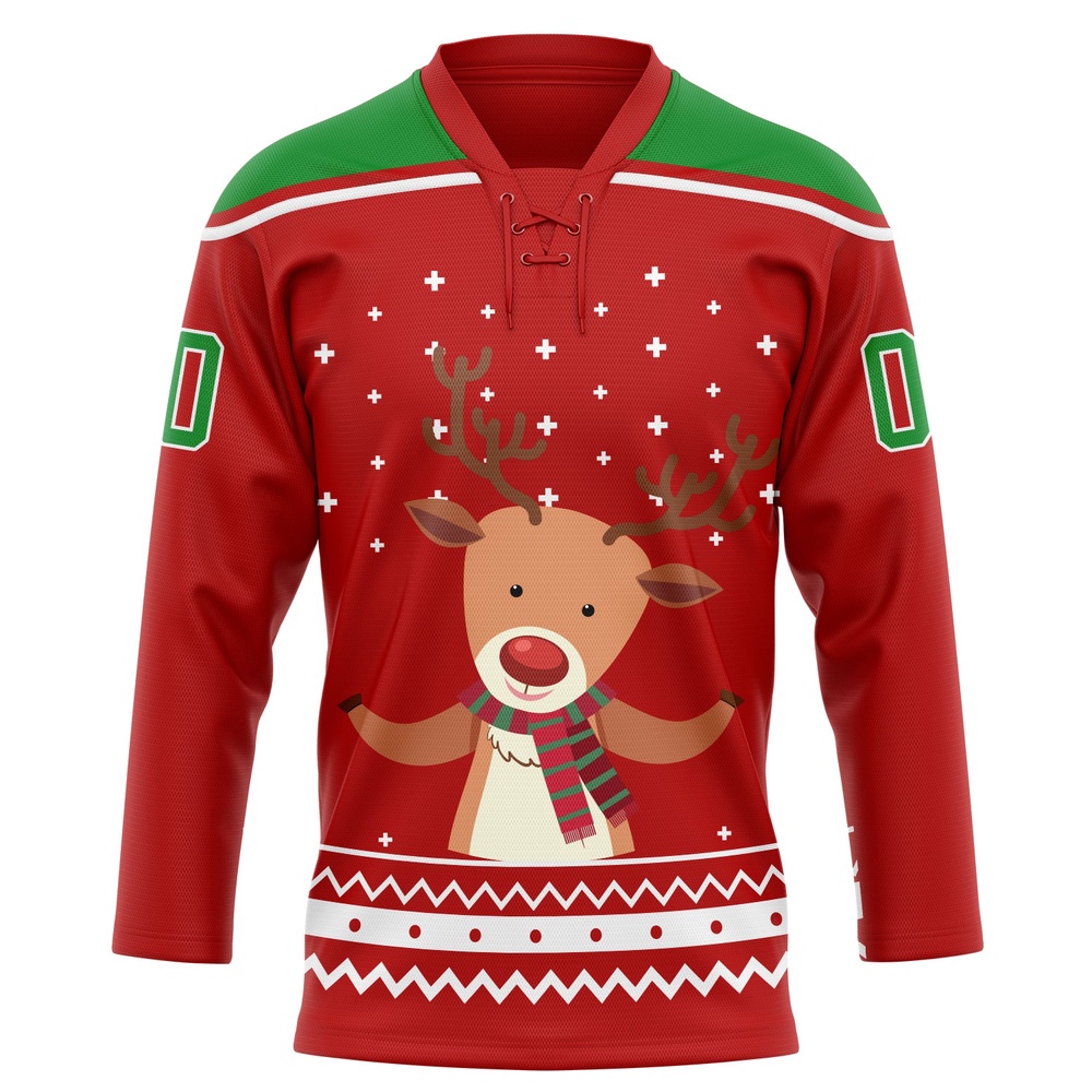 Custom Red Grass Green White Christmas Reindeer 3D Hockey Lace Neck Jersey, New Hockey Jersey, Personali Sport Team Jersey Shirt