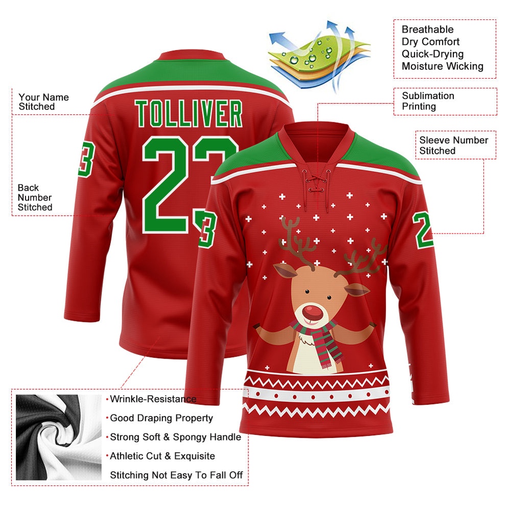 Custom Red Grass Green White Christmas Reindeer 3D Hockey Lace Neck Jersey, New Hockey Jersey, Personali Sport Team Jersey Shirt