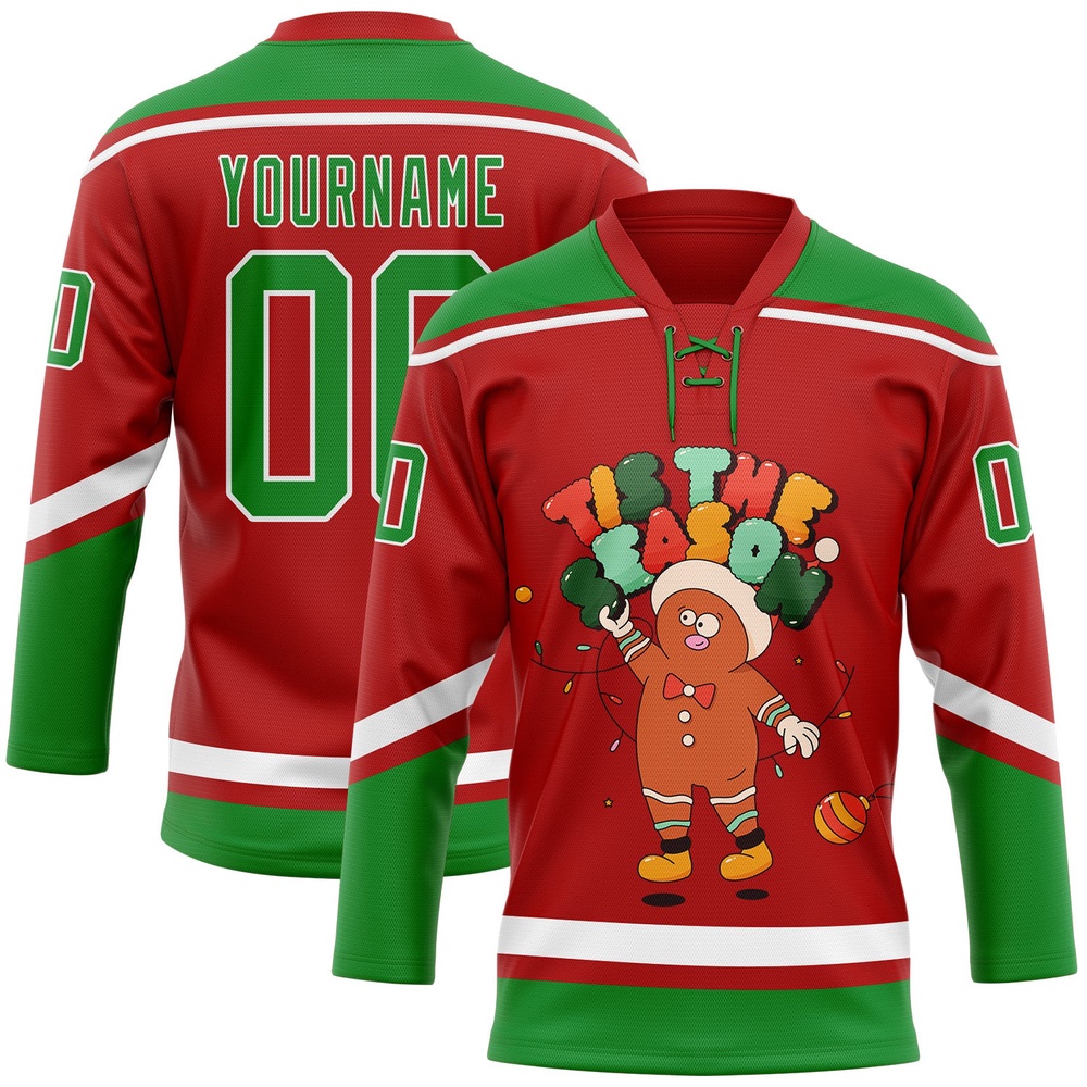 Custom Red Grass Green White Funny Christmas 3D Hockey Lace Neck Jersey, New Hockey Jersey, Personali Sport Team Jersey Shirt