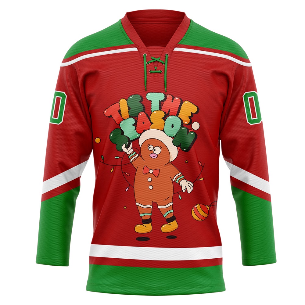 Custom Red Grass Green White Funny Christmas 3D Hockey Lace Neck Jersey, New Hockey Jersey, Personali Sport Team Jersey Shirt