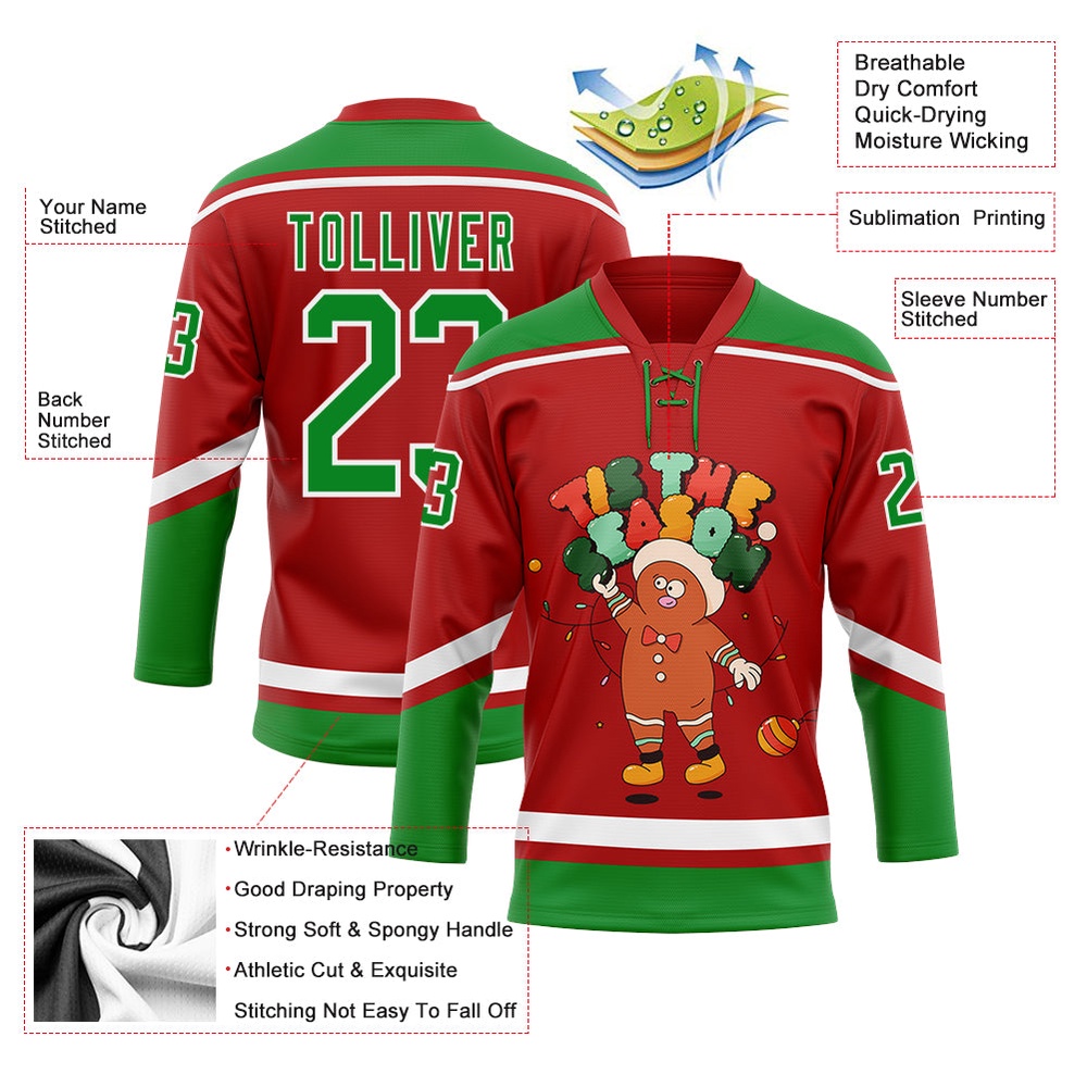 Custom Red Grass Green White Funny Christmas 3D Hockey Lace Neck Jersey, New Hockey Jersey, Personali Sport Team Jersey Shirt