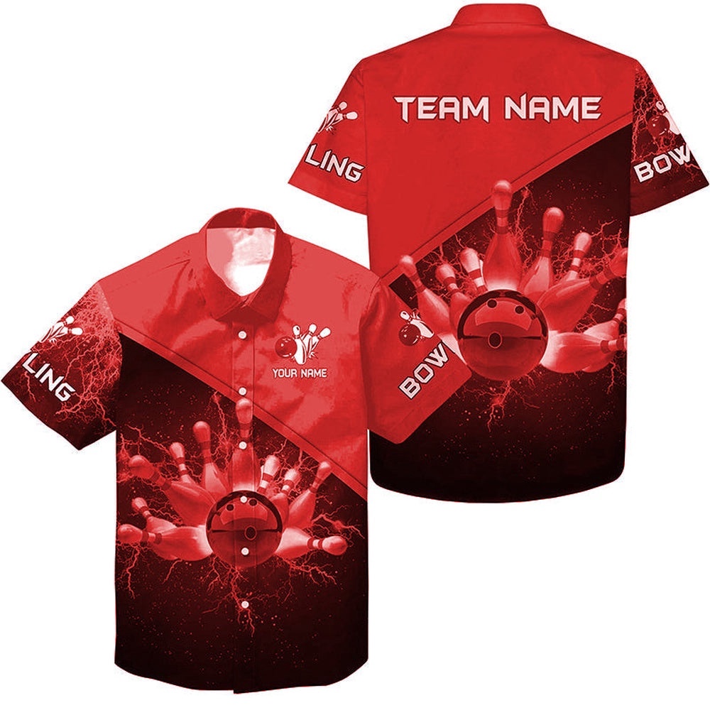 Custom Red Lightning Thunder Bowling Team Jersey, Custom Team Bowling Hawaiian Shirt Custom Red Lightning Thunder Bowling Team Jersey, Custom Team Bowling Hawaiian Shirt