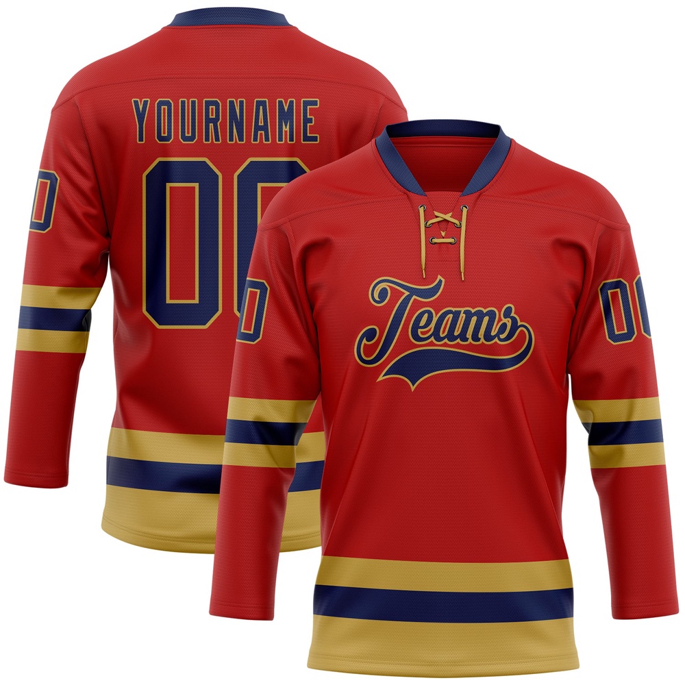 Custom Red Navy Old Gold Hockey Lace Neck Jersey, New Hockey Jersey, Personali Sport Team Jersey Shirt Custom Red Navy Old Gold Hockey Lace Neck Jersey, New Hockey Jersey, Personali Sport Team Jersey Shirt