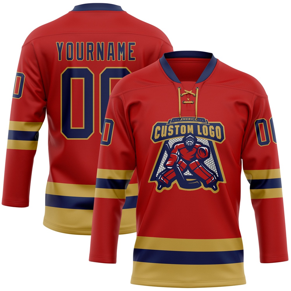 Custom Red Navy Old Gold Hockey Lace Neck Jersey, New Hockey Jersey, Personali Sport Team Jersey Shirt Custom Red Navy Old Gold Hockey Lace Neck Jersey, New Hockey Jersey, Personali Sport Team Jersey Shirt