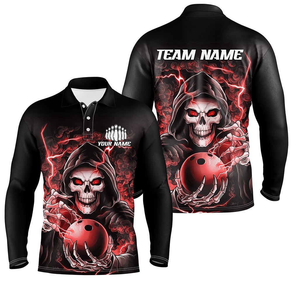 Custom Red Skull Bowling Long Sleeve Polo Shirts For Men, Halloween Bowling Team Shirts, Personalized Bowling Team Shirt Custom Red Skull Bowling Long Sleeve Polo Shirts For Men, Halloween Bowling Team Shirts, Personalized Bowling Team Shirt