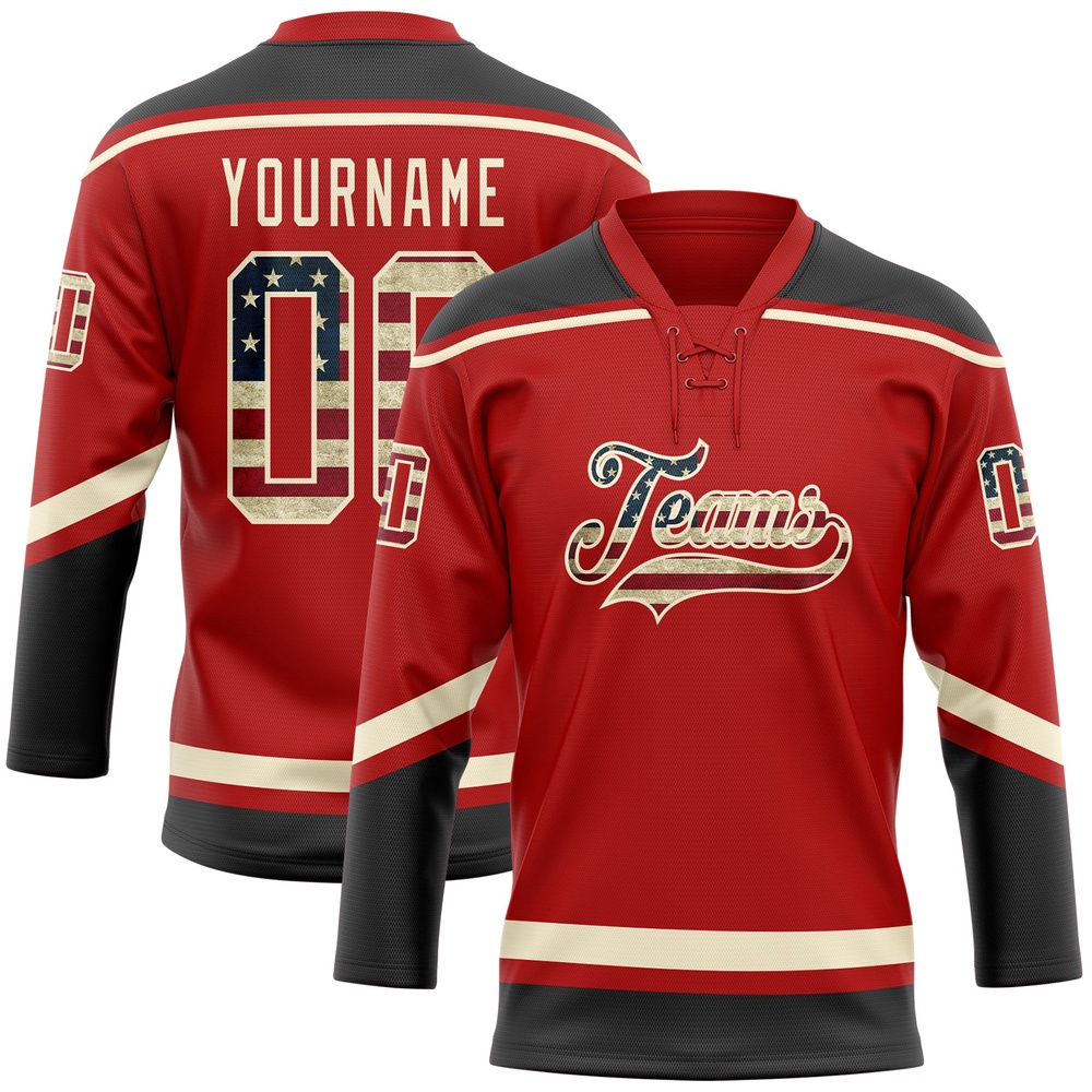 Custom Red Vintage USA Flag Black Cream Hockey Lace Neck Jersey, New Hockey Jersey, Personali Sport Team Jersey Shirt