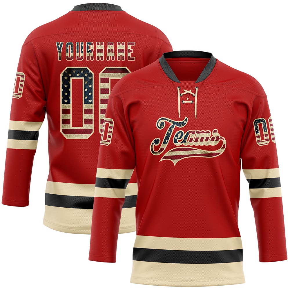 Custom Red Vintage USA Flag Cream Black Hockey Lace Neck Jersey, New Hockey Jersey, Personali Sport Team Jersey Shirt