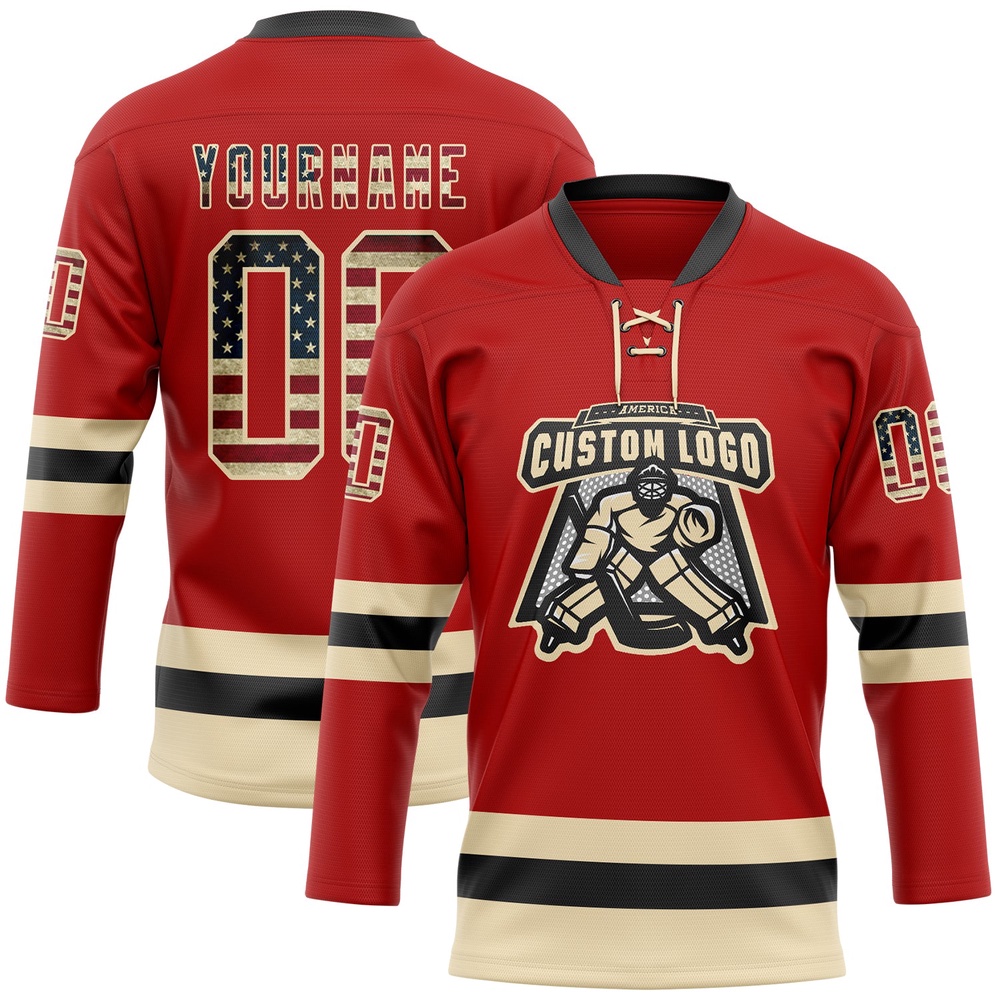 Custom Red Vintage USA Flag Cream Black Hockey Lace Neck Jersey, New Hockey Jersey, Personali Sport Team Jersey Shirt