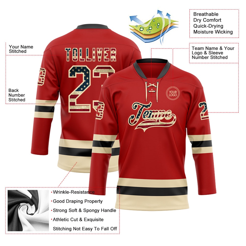 Custom Red Vintage USA Flag Cream Black Hockey Lace Neck Jersey, New Hockey Jersey, Personali Sport Team Jersey Shirt