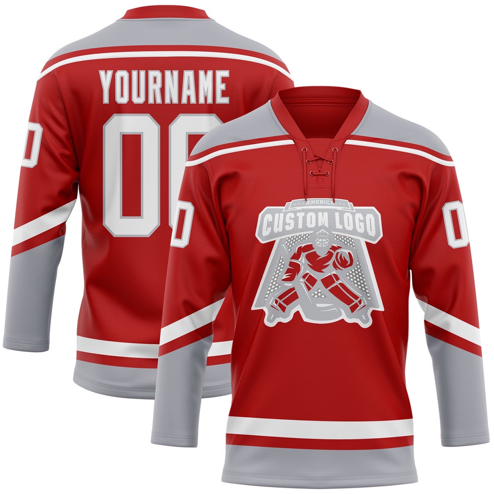 Custom Red White Gray Hockey Lace Neck Jersey, New Hockey Jersey, Personali Sport Team Jersey Shirt Custom Red White Gray Hockey Lace Neck Jersey, New Hockey Jersey, Personali Sport Team Jersey Shirt