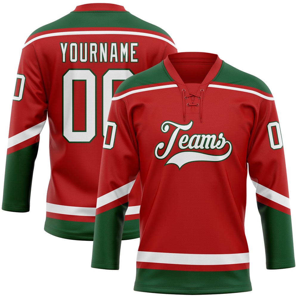 Custom Red White Green Hockey Lace Neck Jersey, New Hockey Jersey, Personali Sport Team Jersey Shirt Custom Red White Green Hockey Lace Neck Jersey, New Hockey Jersey, Personali Sport Team Jersey Shirt