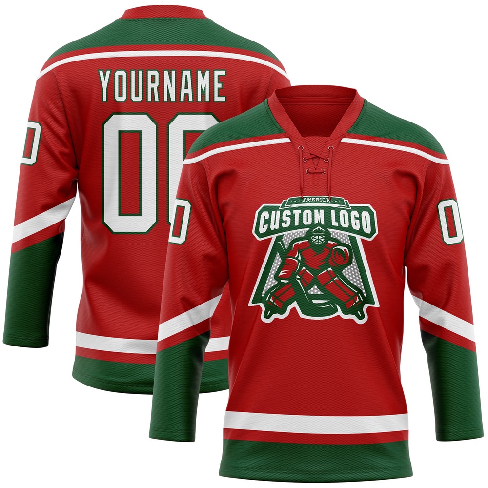Custom Red White Green Hockey Lace Neck Jersey, New Hockey Jersey, Personali Sport Team Jersey Shirt Custom Red White Green Hockey Lace Neck Jersey, New Hockey Jersey, Personali Sport Team Jersey Shirt