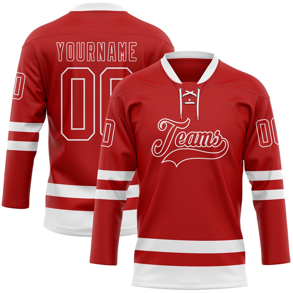 Custom Red White Hockey Lace Neck Jersey, New Hockey Jersey, Personali Sport Team Jersey Shirt Custom Red White Hockey Lace Neck Jersey, New Hockey Jersey, Personali Sport Team Jersey Shirt