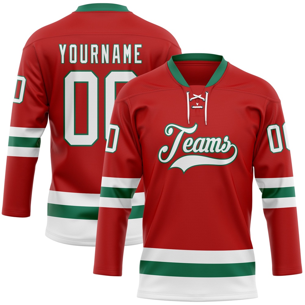 Custom Red White Kelly Green Hockey Lace Neck Jersey, New Hockey Jersey, Personali Sport Team Jersey Shirt Custom Red White Kelly Green Hockey Lace Neck Jersey, New Hockey Jersey, Personali Sport Team Jersey Shirt