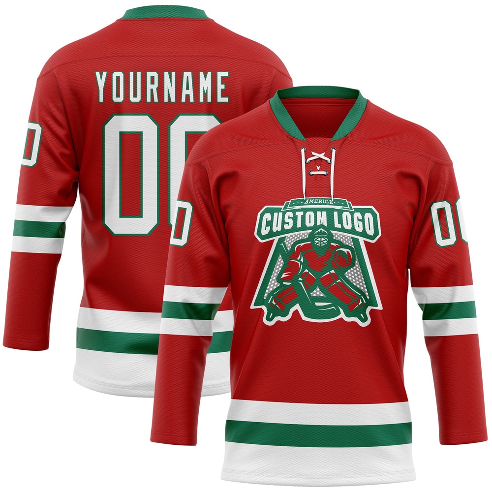 Custom Red White Kelly Green Hockey Lace Neck Jersey, New Hockey Jersey, Personali Sport Team Jersey Shirt Custom Red White Kelly Green Hockey Lace Neck Jersey, New Hockey Jersey, Personali Sport Team Jersey Shirt