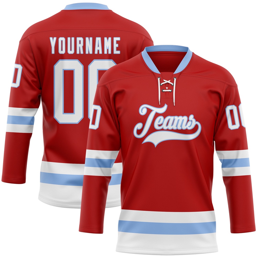 Custom Red White Light Blue Hockey Lace Neck Jersey, New Hockey Jersey, Personali Sport Team Jersey Shirt