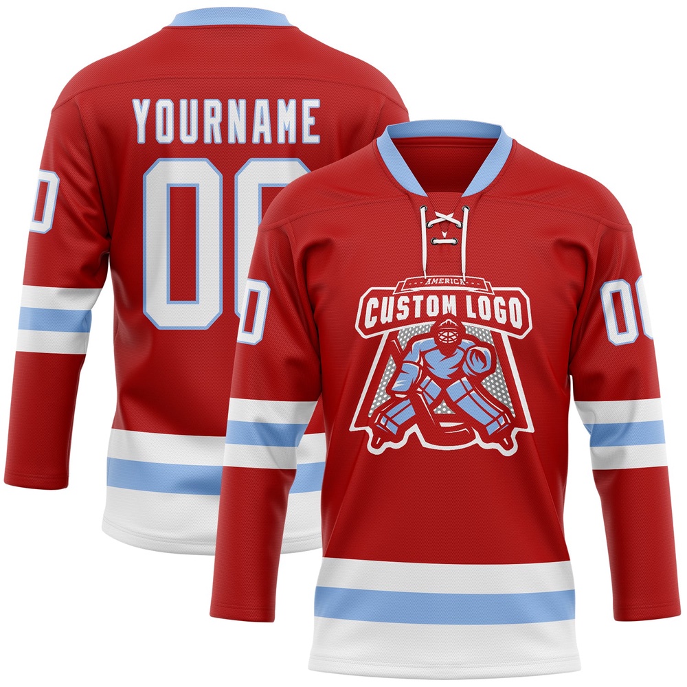 Custom Red White Light Blue Hockey Lace Neck Jersey, New Hockey Jersey, Personali Sport Team Jersey Shirt