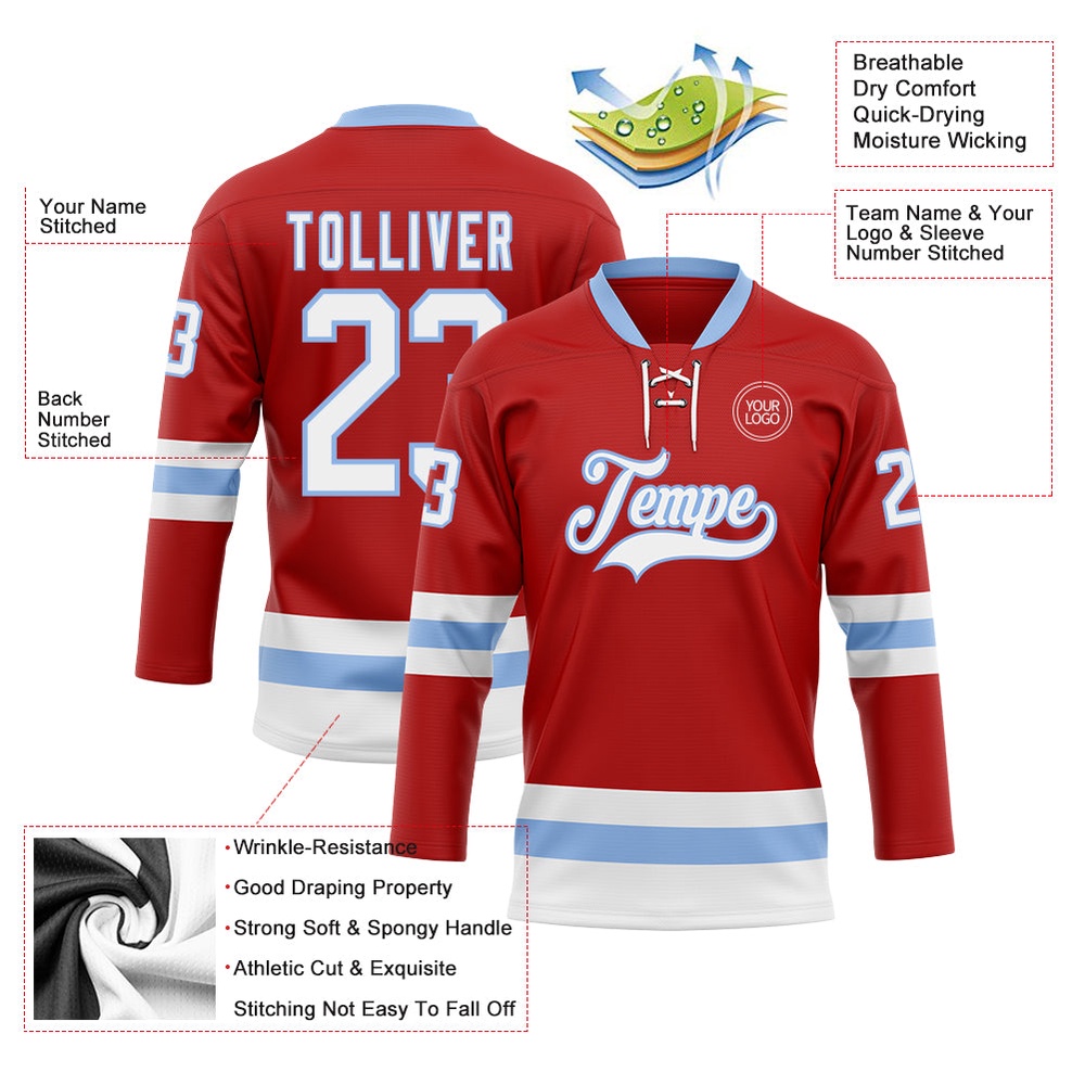 Custom Red White Light Blue Hockey Lace Neck Jersey, New Hockey Jersey, Personali Sport Team Jersey Shirt