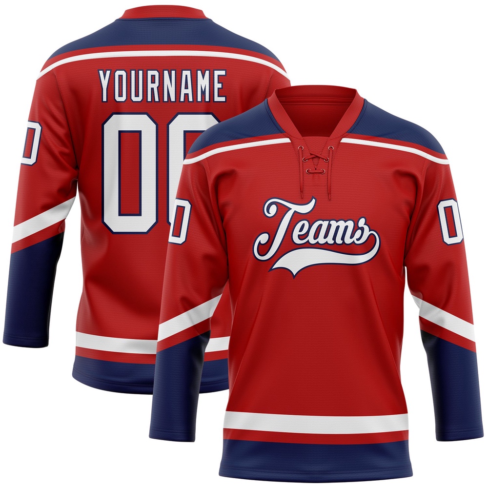 Custom Red White Navy Hockey Lace Neck Jersey, New Hockey Jersey, Personali Sport Team Jersey Shirt