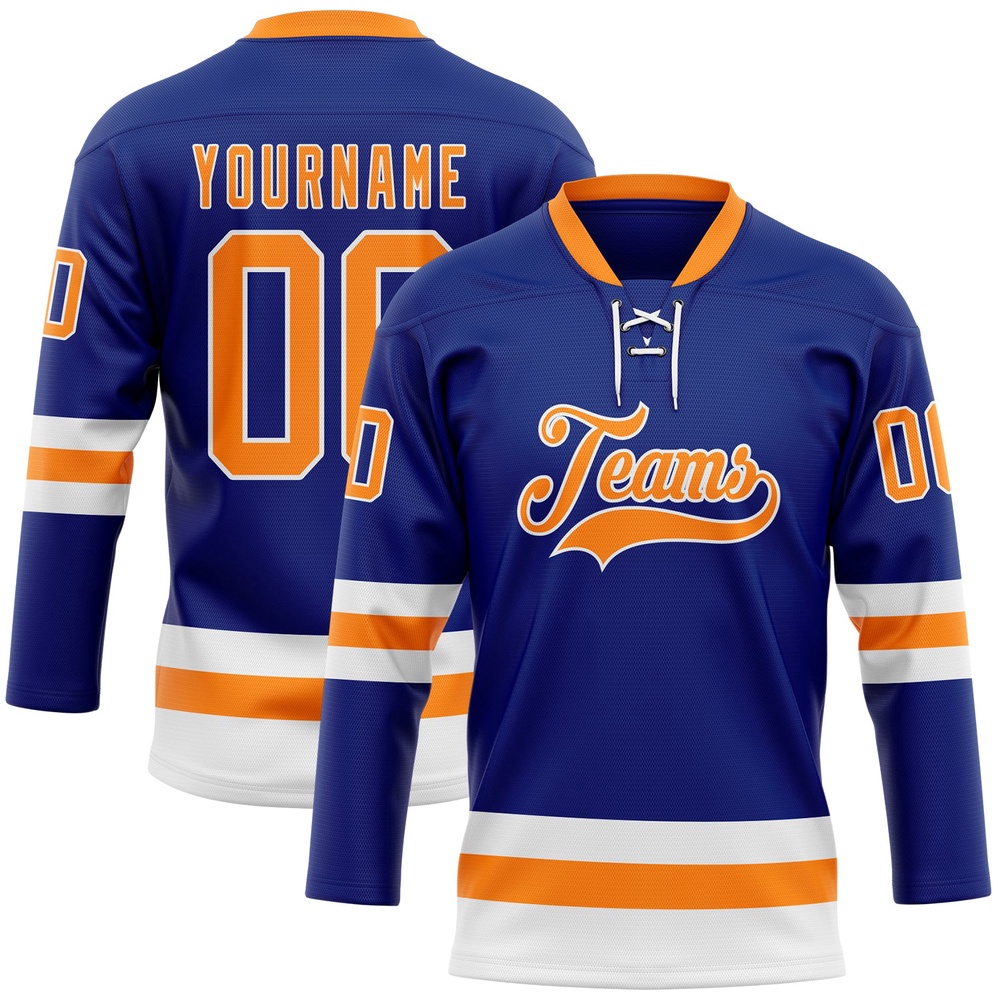 Custom Royal Bay Orange White Hockey Lace Neck Jersey, New Hockey Jersey, Personali Sport Team Jersey Shirt