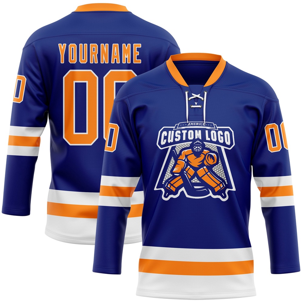Custom Royal Bay Orange White Hockey Lace Neck Jersey, New Hockey Jersey, Personali Sport Team Jersey Shirt