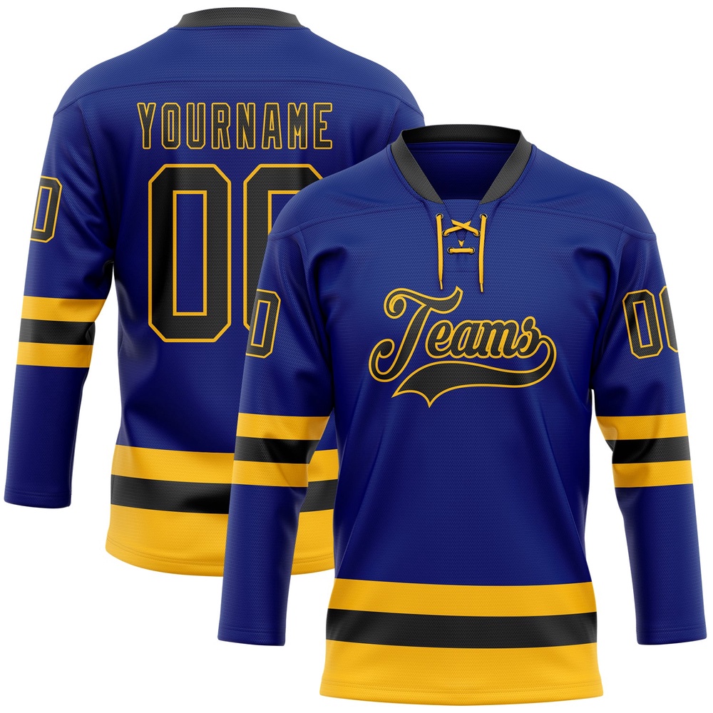 Custom Royal Black Gold Hockey Lace Neck Jersey, New Hockey Jersey, Personali Sport Team Jersey Shirt