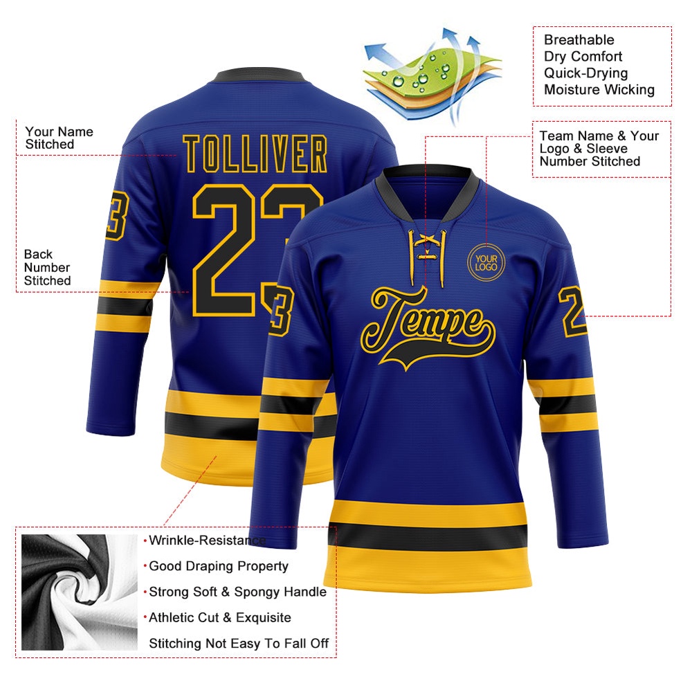Custom Royal Black Gold Hockey Lace Neck Jersey, New Hockey Jersey, Personali Sport Team Jersey Shirt