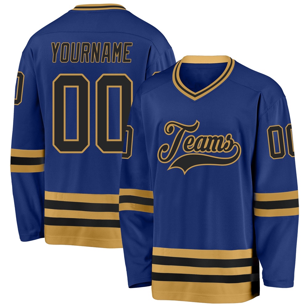 Custom Royal Black Old Gold Hockey Jersey, New Hockey Jersey, Personali Sport Team Jersey Shirt Custom Royal Black Old Gold Hockey Jersey, New Hockey Jersey, Personali Sport Team Jersey Shirt