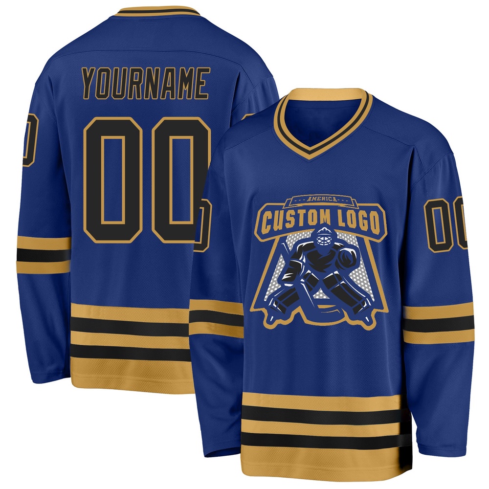 Custom Royal Black Old Gold Hockey Jersey, New Hockey Jersey, Personali Sport Team Jersey Shirt Custom Royal Black Old Gold Hockey Jersey, New Hockey Jersey, Personali Sport Team Jersey Shirt