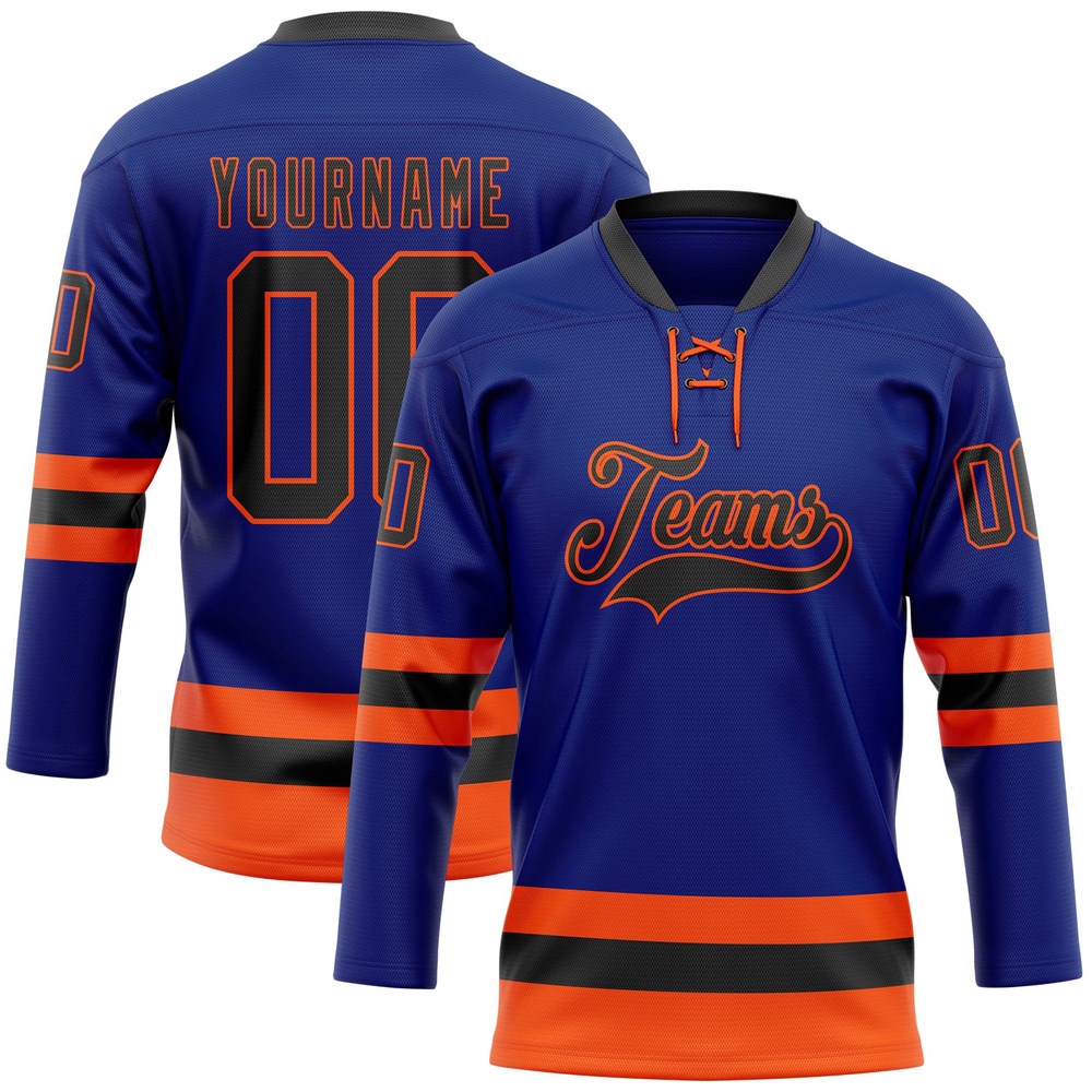 Custom Royal Black Orange Hockey Lace Neck Jersey, New Hockey Jersey, Personali Sport Team Jersey Shirt