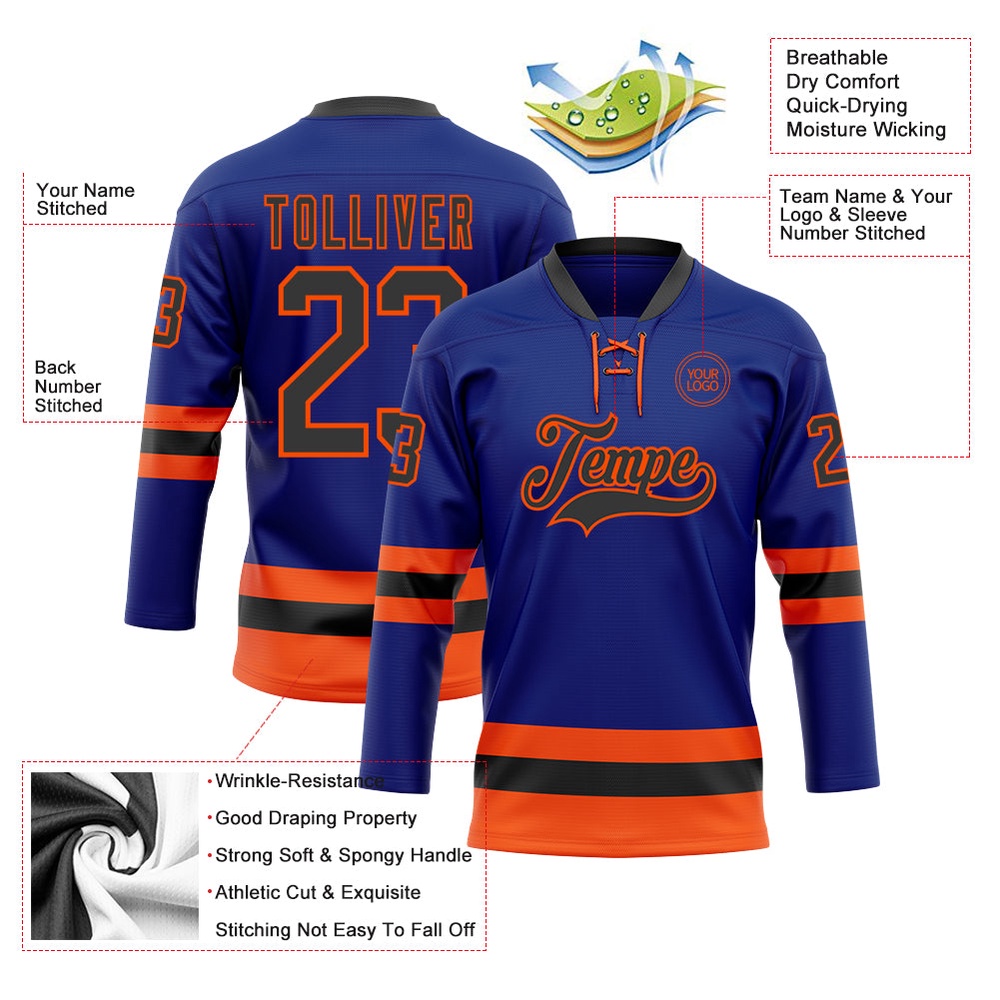 Custom Royal Black Orange Hockey Lace Neck Jersey, New Hockey Jersey, Personali Sport Team Jersey Shirt